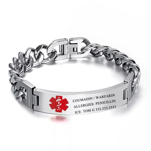 Men Stainless Steel Medical Alert Aid Bracelet Chain Bangle Custom Engraving DIY