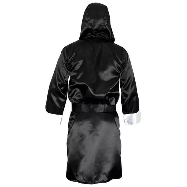 Black White Satin Boxing Robe Hood Classic Stylish Apparel Fighters Comfortable 2