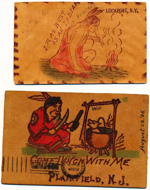 Lot of 2 Native American Art Leather Postcards-Tanner Svnr. 3”x5” Undivided-1905