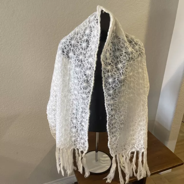 Handknit mohair / wool blend shawl/scarf Wrap Ivory Unbranded