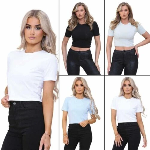 Enzo Top Corto da Donna Basic Manica Corta Casual Solido Colore Corto T-Shirt