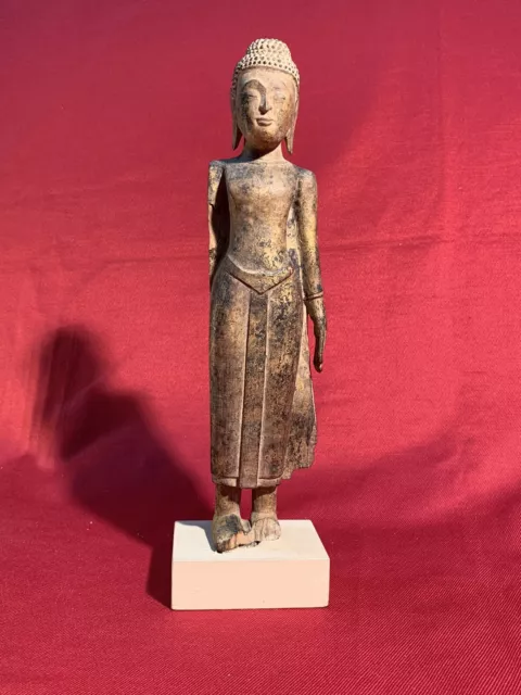 Thai Antique Wood Standing Buddha Statuette 12”