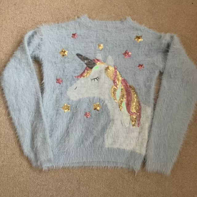 GIRLS TESCO F F Light Blue Unicorn Fluffy Jumper Sequins Stars Age 13 14 Years 4.99 PicClick UK