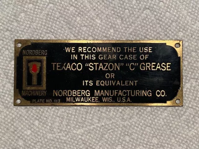 Vintage Texaco Grease Brass Tag Nordberg Mfg. Machinery Industrial Gas Oil