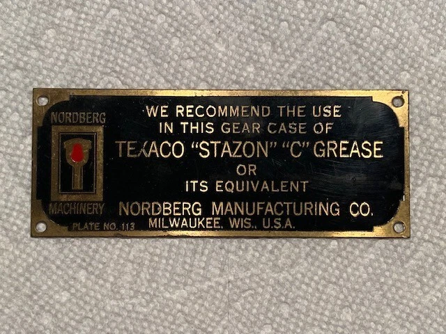 Vintage Texaco Grease Brass Tag Nordberg Mfg. Machinery Industrial Gas Oil