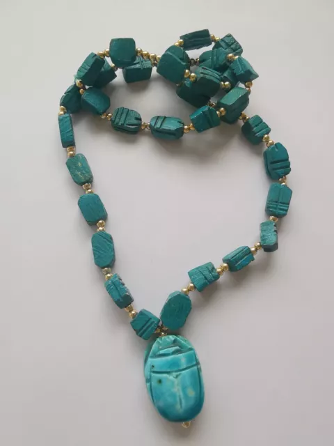 Vintage Lovely Wooden Bead With Carved Turquoise Scarab Pendant Necklace. R99