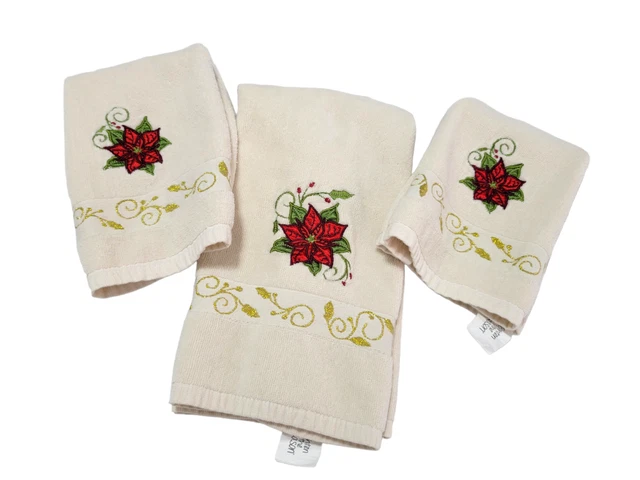 Juego de toallas de baño de colección 3 piezas crema dorada rojo Poinsettias 2 invitados 1 mano tal como está