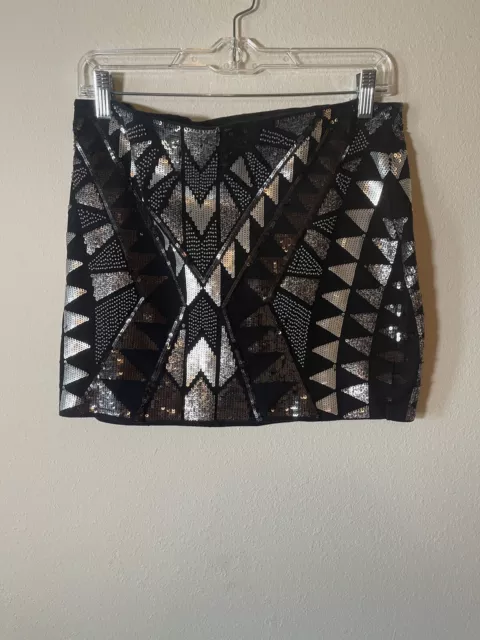 Express Aztec Print Black & Silver Sequin Mini Skirt Women’s Size M