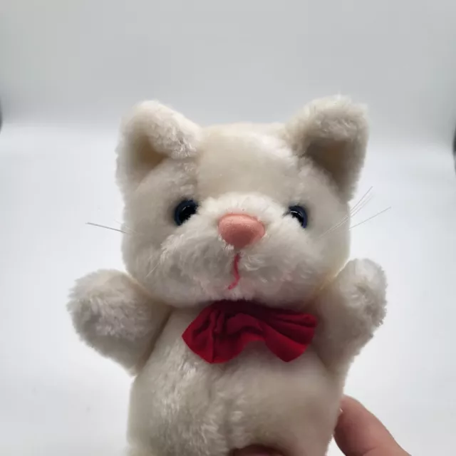RUSS BERRIE VTG Kitty Cat Plush Stuffed Animal White Red Bow Pink Nose