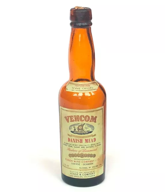Vintage Vencom Miniature Liquor Bottle Danish Mead Wine Ship Logo Empty Glass