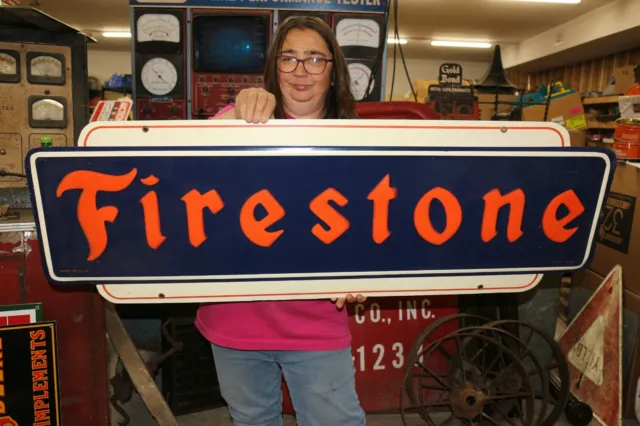 Large Vintage 1947 Firestone Tires Gas Station 48" Embossed Metal Sign NICE