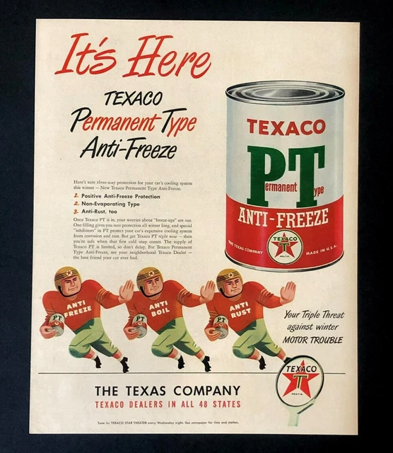 1948 Texaco Advertisement Football Players w Anti Freeze Cans Vintage Print AD