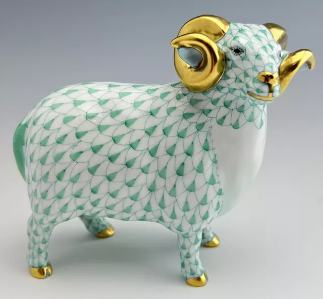 🦋 HEREND NEW English Sheep / Ram W/ Golden Horns Green Fishnet Figurine