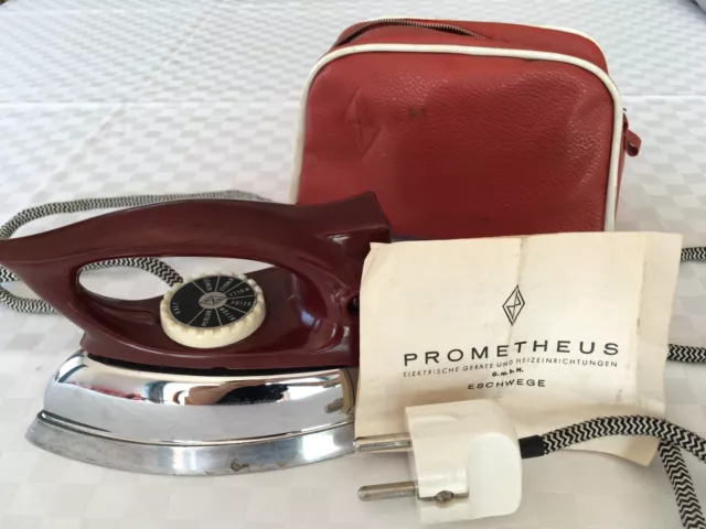 Original Prometheus Reisebügeleisen antik Originalverpackung und -Beschreibung
