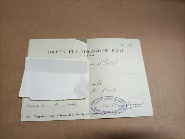 Documento - Società San Vincenzo De' Paoli - Milano - 1949