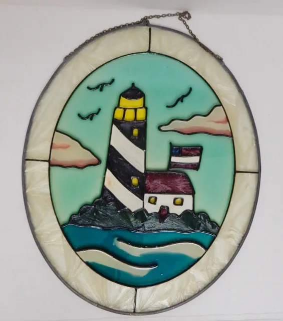 Vintage Stained Glass Wall Window Panel Hand Painted Lighthouse Nautical 11"x9"