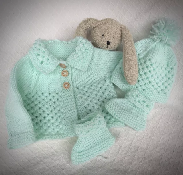 Handknitted Baby Matinee Set Jacket /Coat/Cardigan Hat Boots 0-3 Months  - Mint