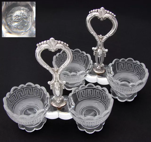 PAIR: Antique French Sterling Silver & Intaglio Glass Double Open Salt Caddies