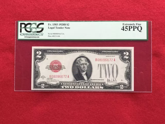 FR-1503 "KEY" 1928 B Series $2 Red Seal US Legal Tender *PCGS 45 PPQ Extra Fine*