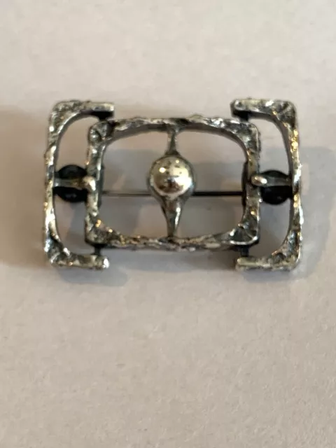 Vintage Mod Brutalist Silvertone Rectangle Brooch Signed 1.5” MCM pin