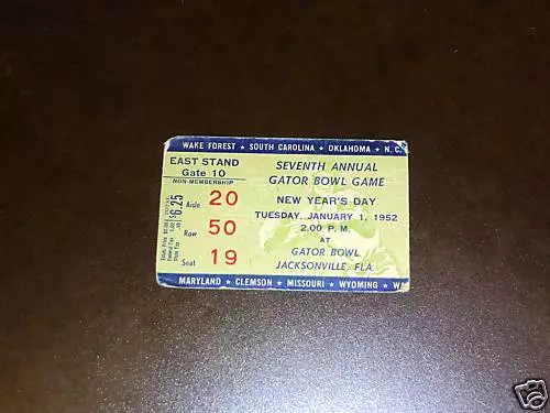 1952 Gator  Bowl Ticket Stub  Miami Vs Clemson