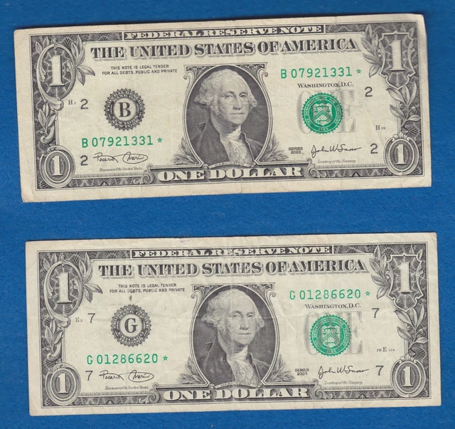 Two  $1  2003 Federal Reserve Note STAR NOTES (B-* 2003-A & G-*2003)