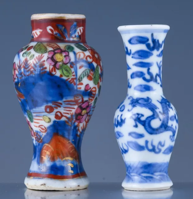 Two Antique Chinese Blue White Dragon & Enamelled Miniature Vases Kangxi
