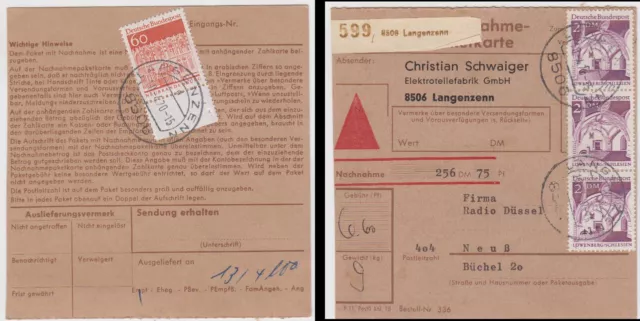 Bund Mi 496+503 Dt. Bauwerke 60er Unterrand ua NN-PakKarte Langenzenn 10.4.70