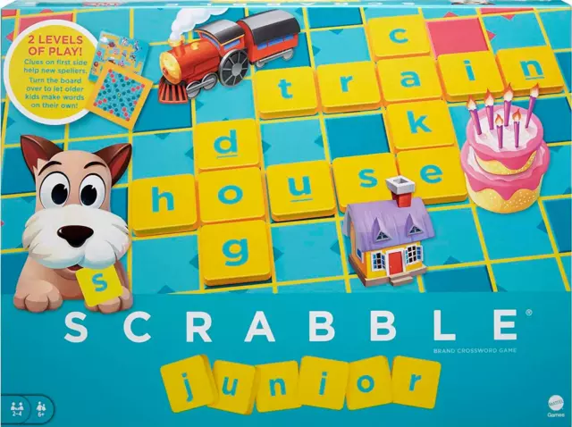 Scrabble Junior Kids Crossword Game with 2-Games-In-1, Ages 6+, Up to 4 Players