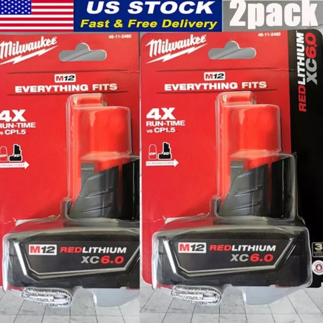 2PCS Milwaukee M12 RedLithium XC6.0 6.0Ah Battery - Red (48-11-2460) NEW