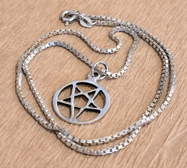 Pentagram Pendant Vintage Solid Sterling Silver + 925 Box Chain Necklace - 15"