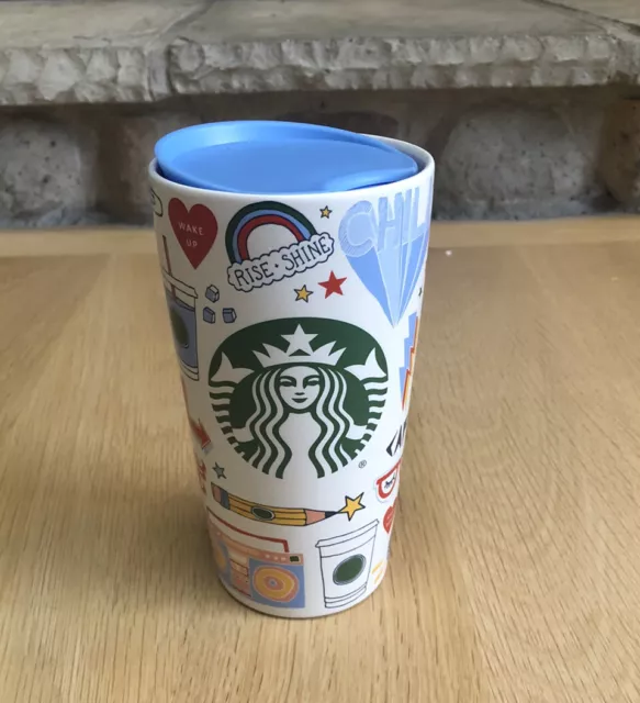 Starbucks Stickers School Retro Doodle Graffiti Ceramic Tumbler Travel Mug  12 oz
