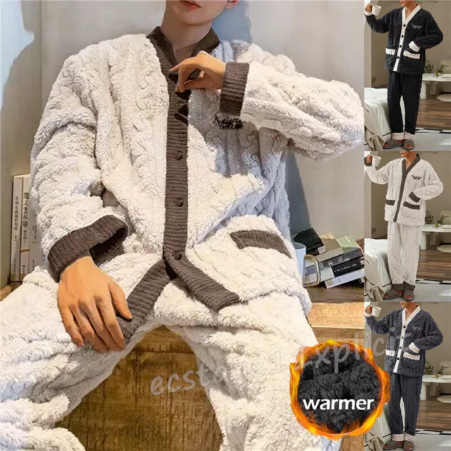 Herren Winter Warme Schlafanzug Fleece Pjs Set Knöpfe Ausschnitt Weiche  Lounge