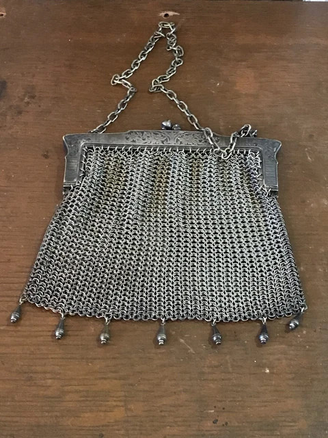 Antique Art Nouveau Engraved German Silver Chainmail Mesh Evening Bag Purse