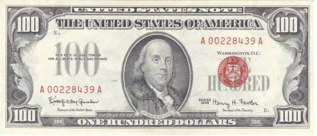 1966 United States Note 100 Dollars Red Seal Bill, Currency, Paper Money