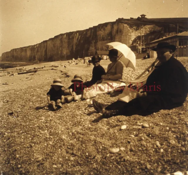 France Famille à la plage c1930 Photo Plaque Stereo Vintage V33L19n