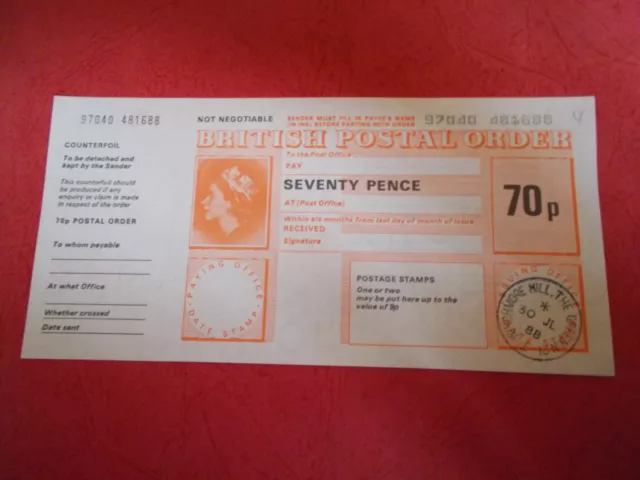 British postal order with c'f-QEII,  70p, 30th July 1988, Winchmore Hill