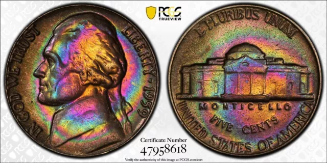 Monster Rainbow 🌈 Toned 1959 Jefferson Nickel PCGS MS64 Both sides Toning...