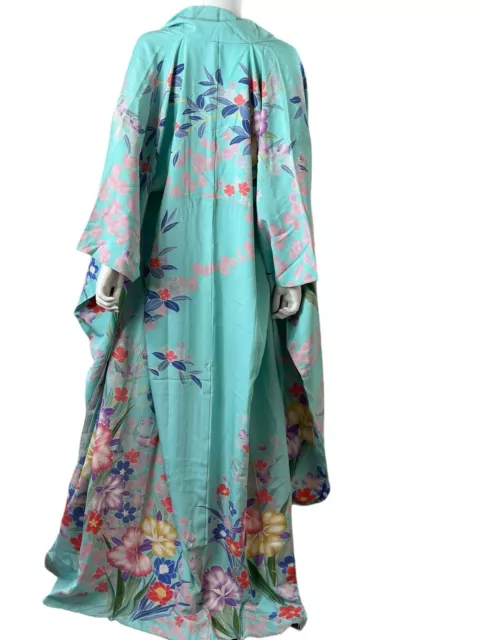 Vintage Authentic Boho Turquoise Floral Print Kimono Robe Spring Bright Lounge 2