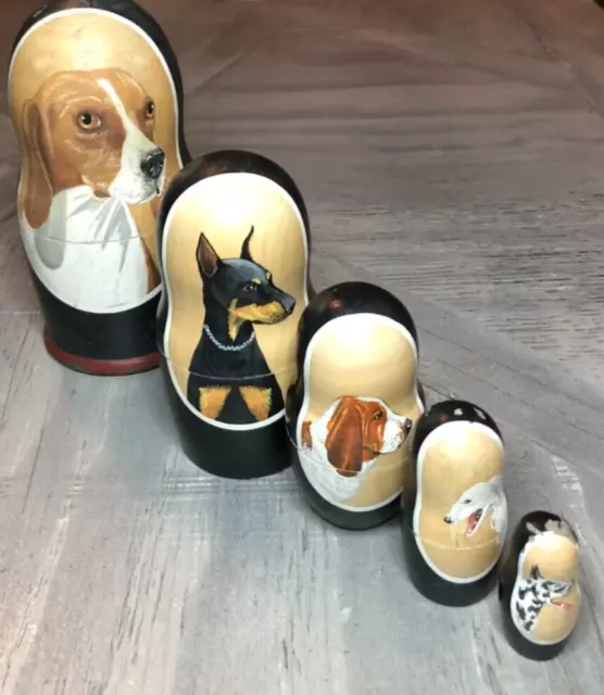 VTG Russian Nesting Dolls / Dogs 5pcs Hand Painted * 1 cracked* 6.5" tall 1997