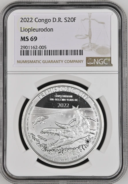2022 Congo D.r. 20F  1 Oz $2 Prehistoric Life : Liopleurodon : Ngc Ms69 : Silver