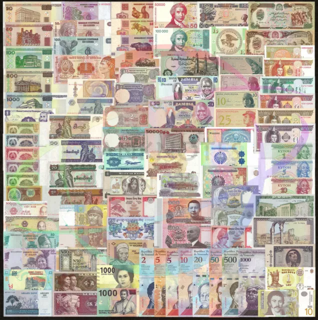 World 100 PCS Uncirculated Banknotes Set 35 Different Countries Genuine Lot UNC