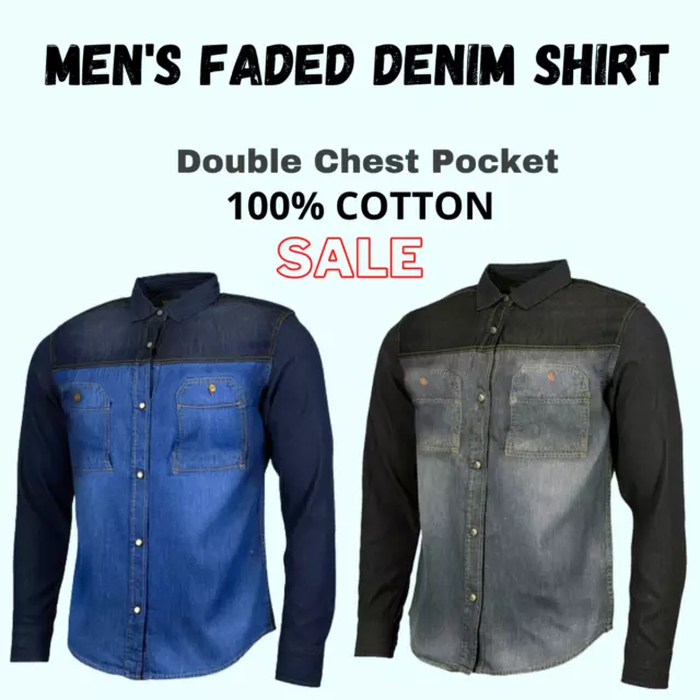Men's Long Sleeve Contrast Slim Fit Faded Denim Shirt Chest Pocket S-2XL.