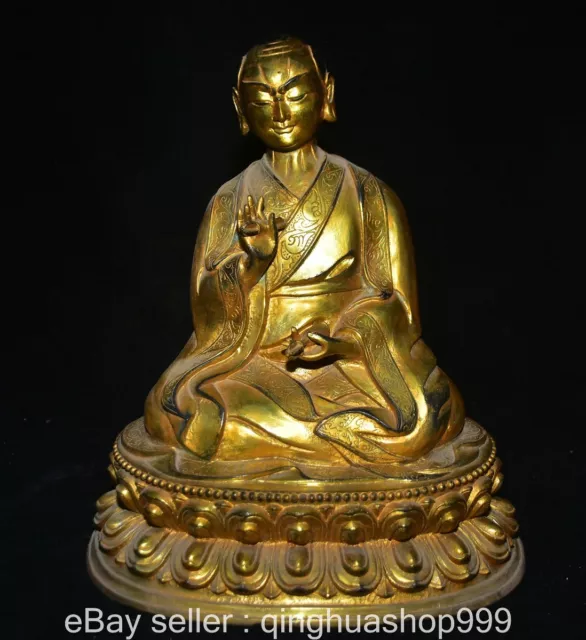 12.8" Tibetan Marked Copper Gilt Sit Lotus Master Lama Buddha Statue Sculpture