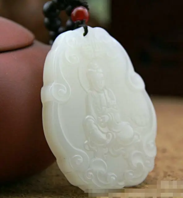 Xin-jiang Hetian White Jade Guanyin Pendant Chinese Antique Collection
