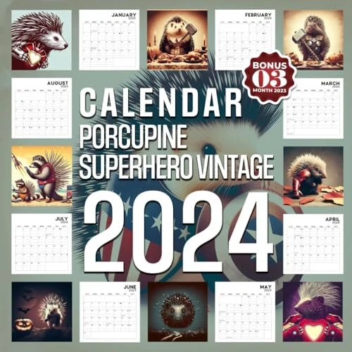 PORCUPINE SUPERHERO CALENDAR 2025 Jan 2025 to Dec 2025 Bonus 3 Months