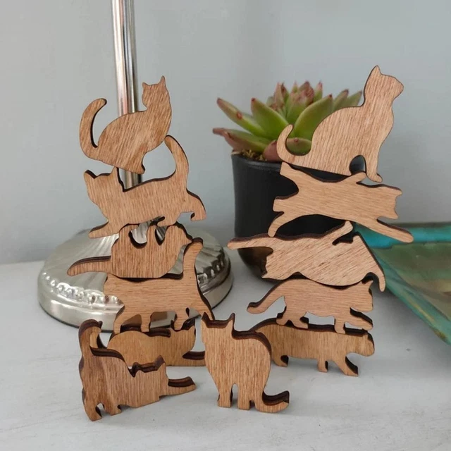 12 PIECES DESKTOP Stacking Cats Wood Toy Learning Activities Creative ...