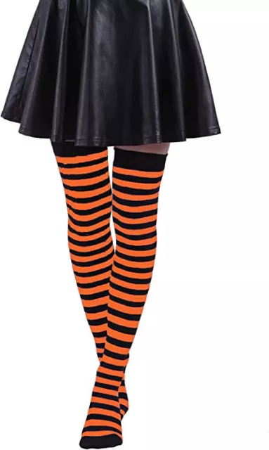 Halloween Women's Orange and Black Over Knee Long Striped Thigh High Socks