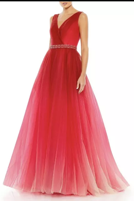 Mac DuggalOmbre Tulle Surplice V-Neck Sleeveless Embellished Belt Gown,sz 8, New