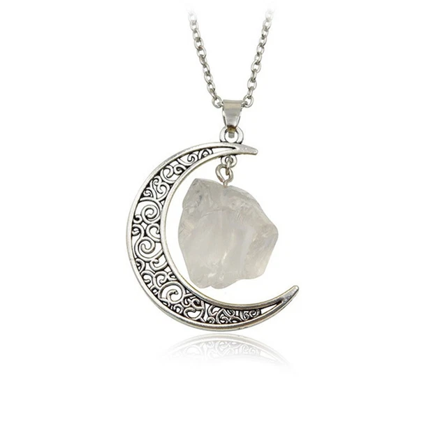 Natural Quartz Crystal Pendant Chakra Healing Gemstone Moon Necklace Jewelry